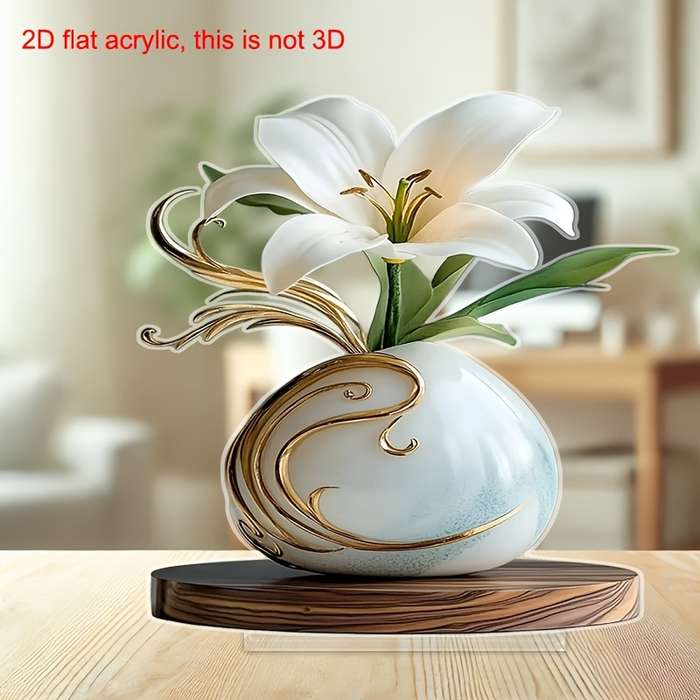 1pc 2D Flat  Acrylic Vase with Elegant White Lilies and Golden Accents Ideal for Home Office or