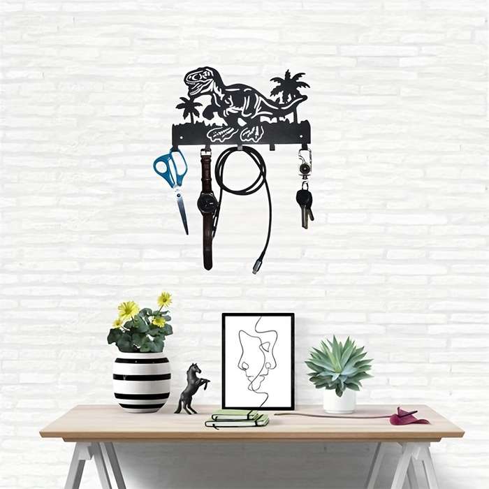 Metallic Dinosaur Coconut Tree Wall Coat Rack with 5 Alloy HooksTropical Palm Tree Key Holder for