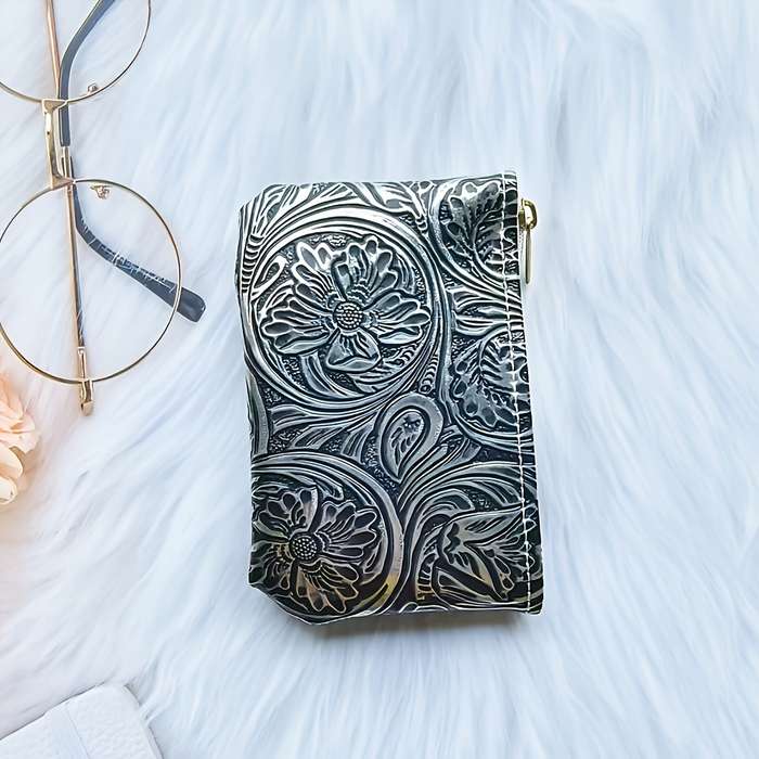 1pc Vintage Floral Embossed Faux Leather Coin Purse Fashion Hard Shell Zippered Key Pouch No