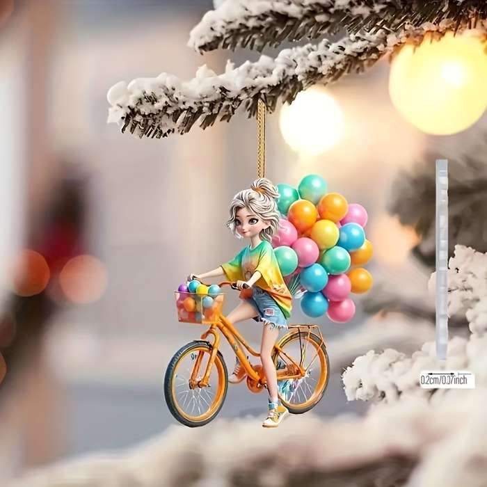 1pc 2D Flat   Cute Girl Riding Bicycle with Colorful Balloons Acrylic Hanging Ornament Vibrant
