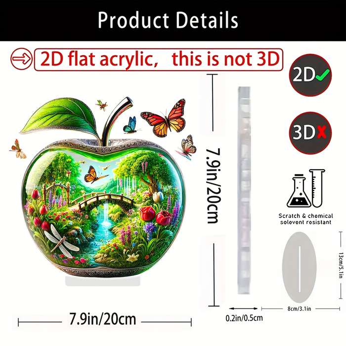 1pc 2D Flat   Charming Apple-Shaped Acrylic Decor a Vibrant Garden with Bridges Waterfalls D