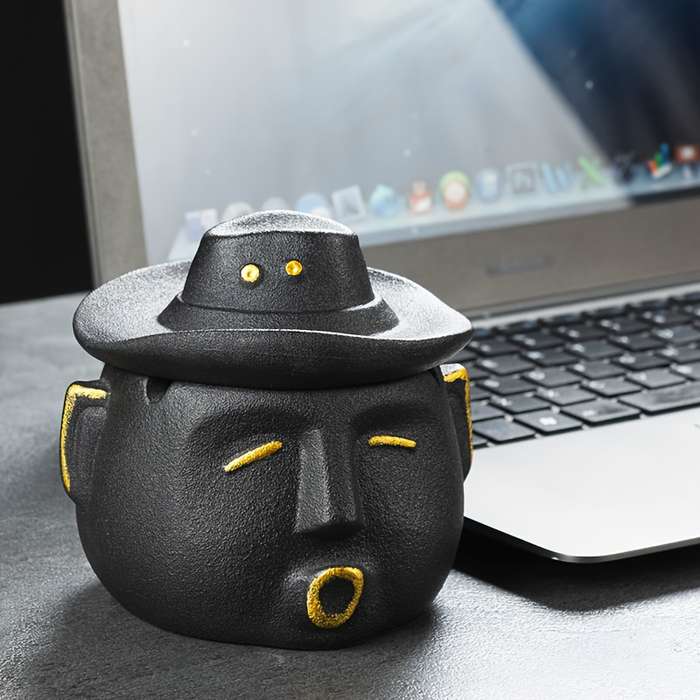 1pc Unique Ceramic Ashtray with Lid C Stylish Cowboy Hat Design Black Yellow Aesthetic Home Deco