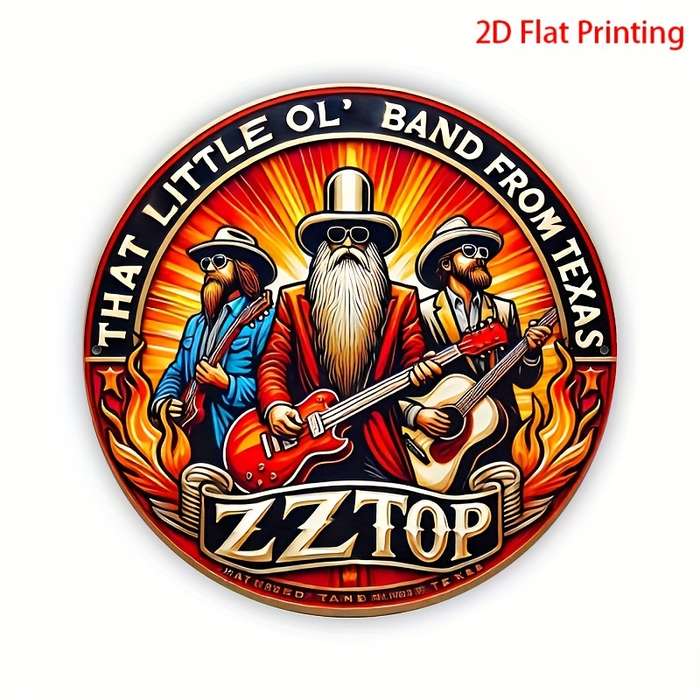 1pc 2D Flat Round 20.32x20.32 cm Vintage ZZ Top Aluminum Round Sign es Fiery Texas Band Desig