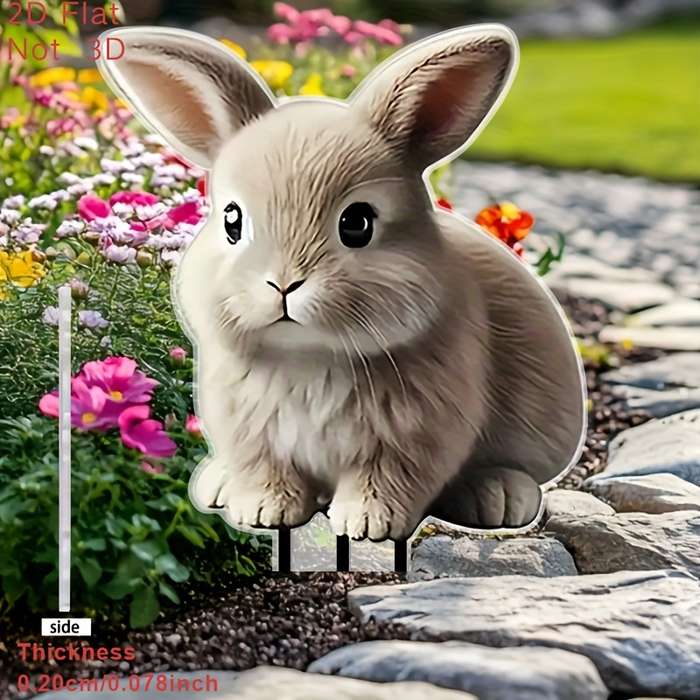 1pc 2D Flat   Charming Acrylic Rabbit Garden Stake Adorable Light Brown Bunny with Green Eyes