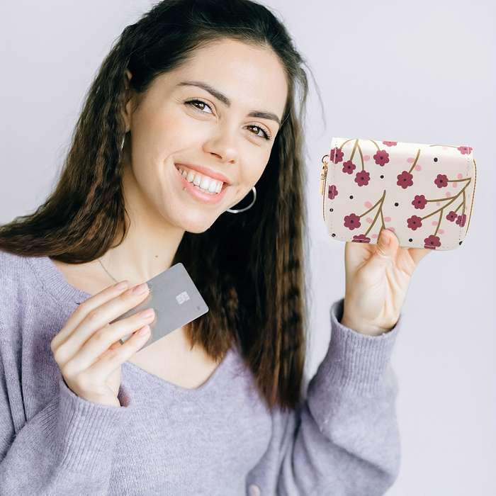 1pc Floral Credit Card Holder for Women Girls C Cute Plum Red Accordion Wallet with Zipper C