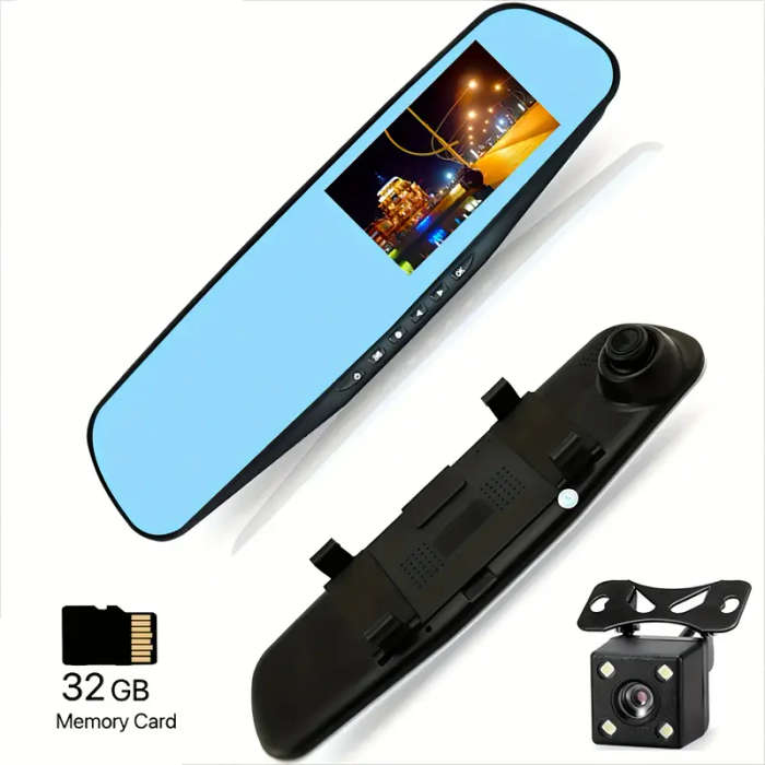 HD Dual-Lens Car Dash Cam with Night Vision Wide-Angle Reverse Image Easy Installation Includes 32GB