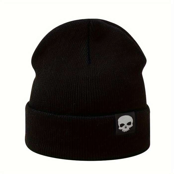 1pc MAKEFGE Skull Logo Knit Beanie Warm Stretchy Acrylic Winter Hat for Men Funky Style Handw