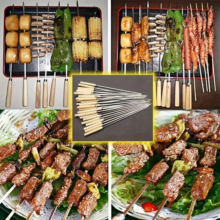 20pcs Stainless Steel Skewers with Ergonomic Wooden Handles Durable Thick Grill Sticks for C