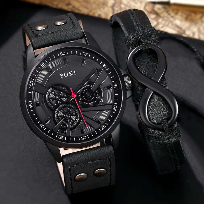 2pcs Men's Sport Digital Watches with Faux Leather Woven Wrap Bands Alloy Case Quartz Movement Black