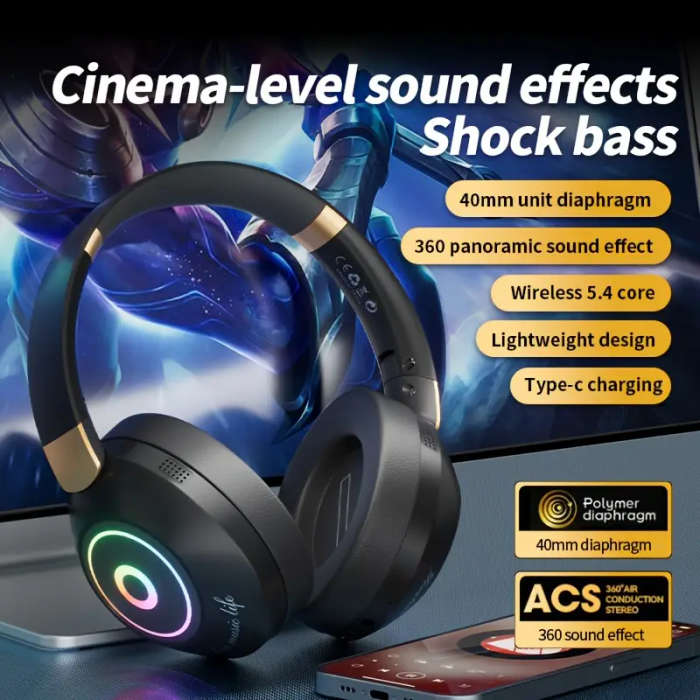 Wireless Headphones Panoramic Stereo Surround Sound Multi-Color Led Light