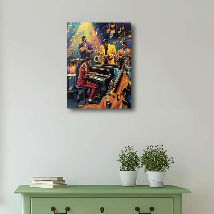 1pc  Jazz Band Poster with Wooden Frame 29.97x39.88 cm Vibrant Musicians Playing Saxophone T