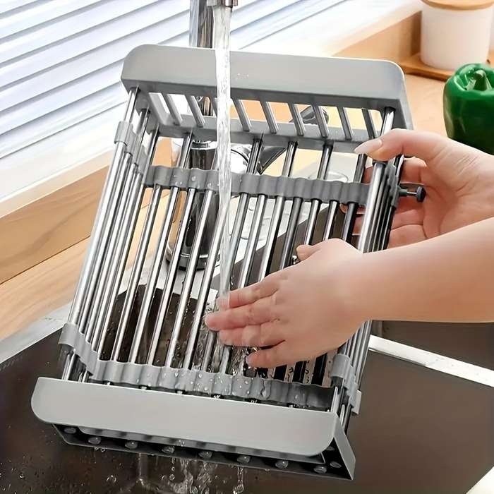 1pc Expandable Stainless Steel Over-The-Sink Dish Rack Drainer Basket Collapsible Kitchen Organ