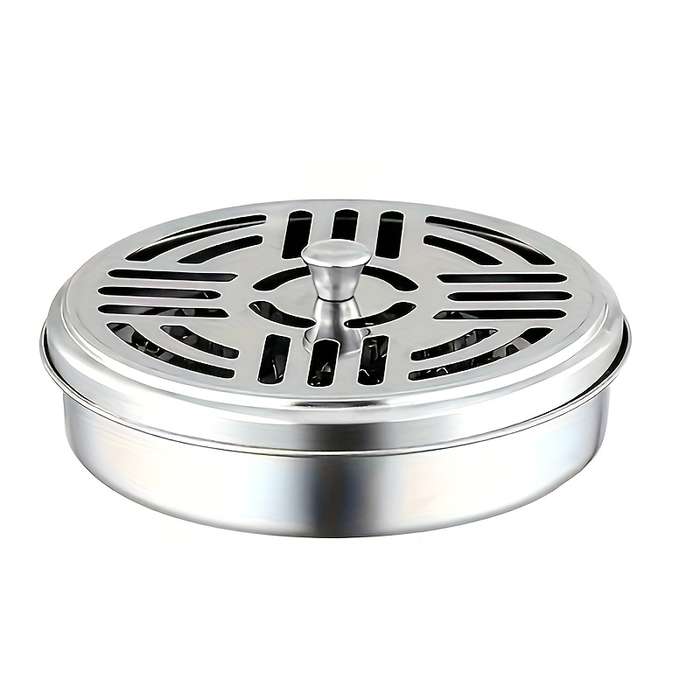 1pc Stainless Steel Mosquito Coil Holder with Lid and Ashtray Fireproof Heat-Resistant Home Deco