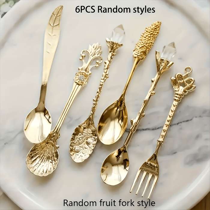 6pcs set of retro royal style dessert tableware stainless steel with Golden carvings small sp