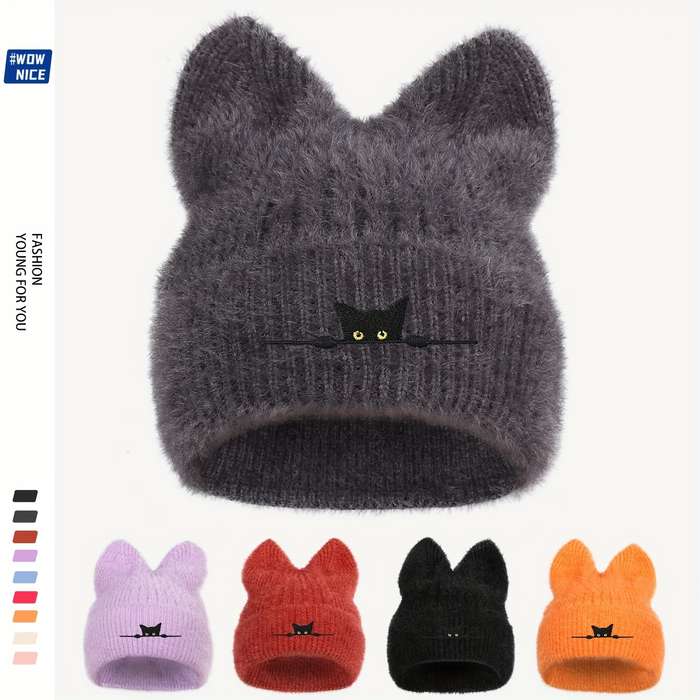 1pc Cozy Black Cat Embroidered Knit Beanie Thick Plush Winter Hat with Ear Covers Breathable St