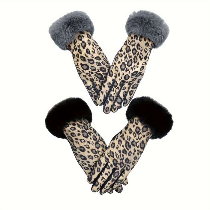 1 Pair Leopard Print Hair Mouth Pink Brown Warm Gloves