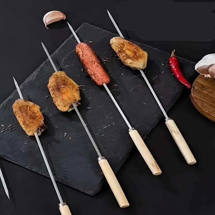 20pcs Stainless Steel Skewers with Ergonomic Wooden Handles Durable Thick Grill Sticks for C