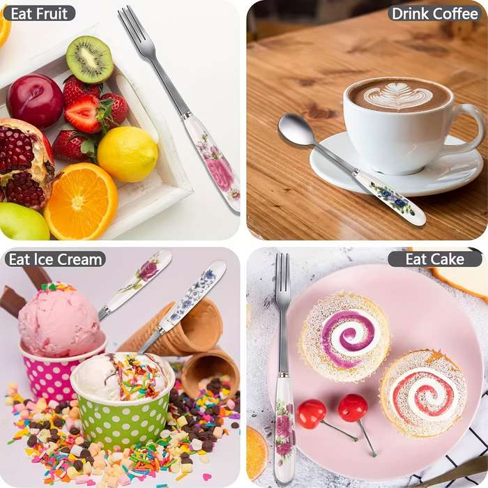 12pcs floral printed ceramic handle stainless steel tableware set polished surface tableware