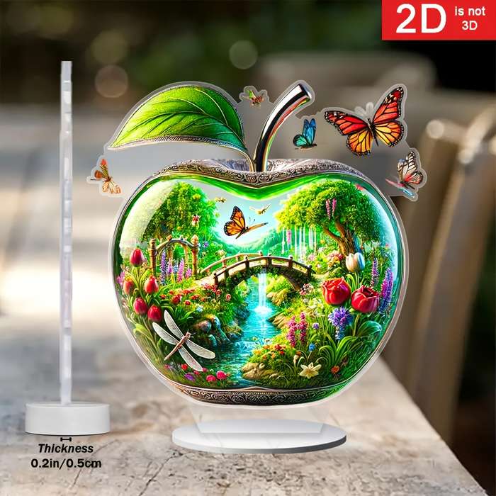 1pc 2D Flat   Charming Apple-Shaped Acrylic Decor a Vibrant Garden with Bridges Waterfalls D
