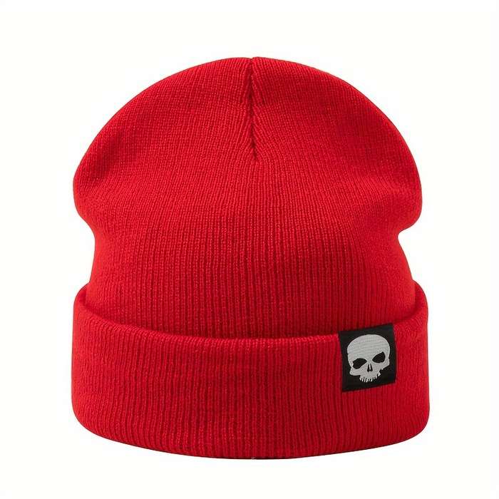 1pc MAKEFGE Skull Logo Knit Beanie Warm Stretchy Acrylic Winter Hat for Men Funky Style Handw