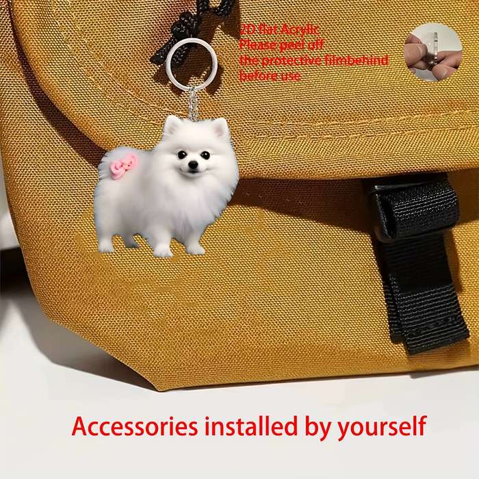 1pc 2D Flat   Acrylic White Dog Keychain Car Mirror Charm Cute Pomeranian Design with Pi
