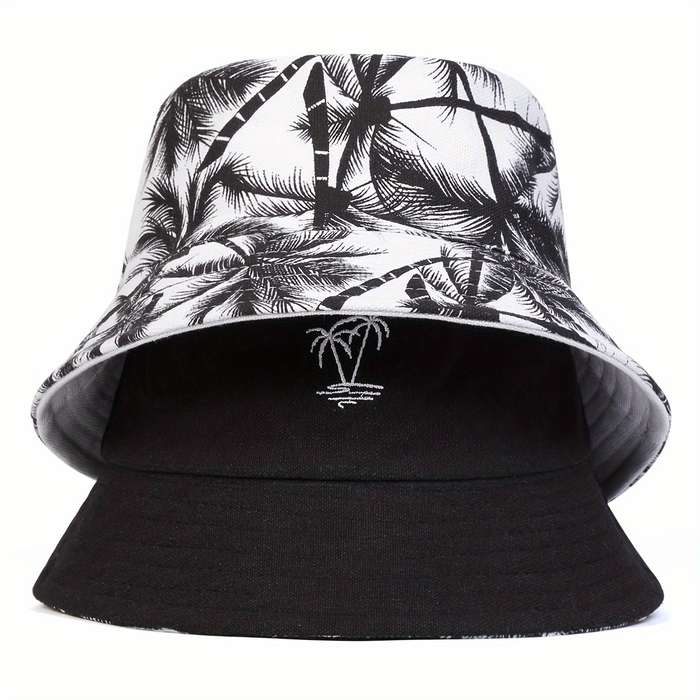 1pc Men'S Reversible Bucket Hat with Tree Embroidery Funky Style Polyester Fishing Cap Casual
