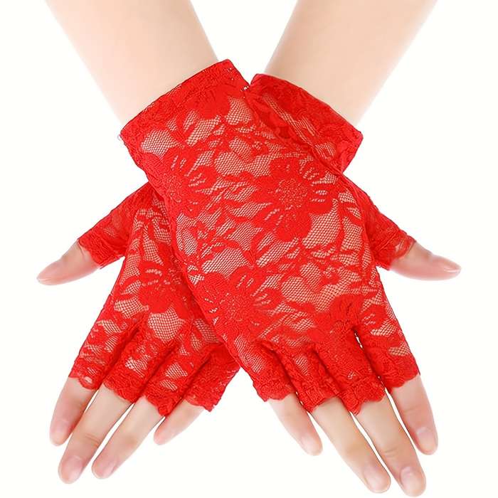 1 Pair Red Bridal Lace Gloves