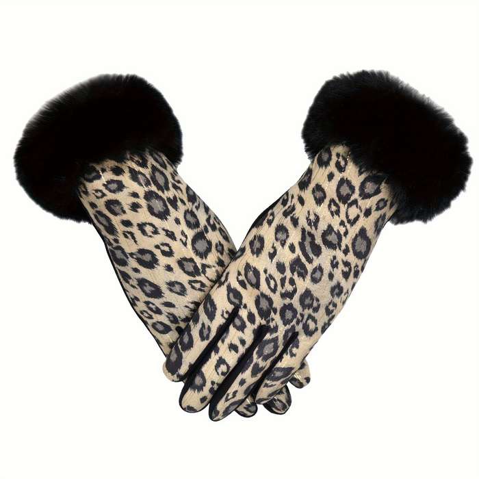 1 Pair Leopard Print Hair Mouth Pink Brown Warm Gloves