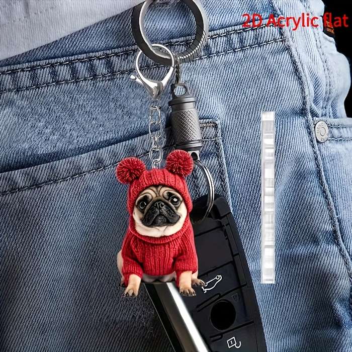 1pc 2D Flat  Keychain Keychain  Cute And Charming Pug Acrylic Keychain Fashion Animal Pendant