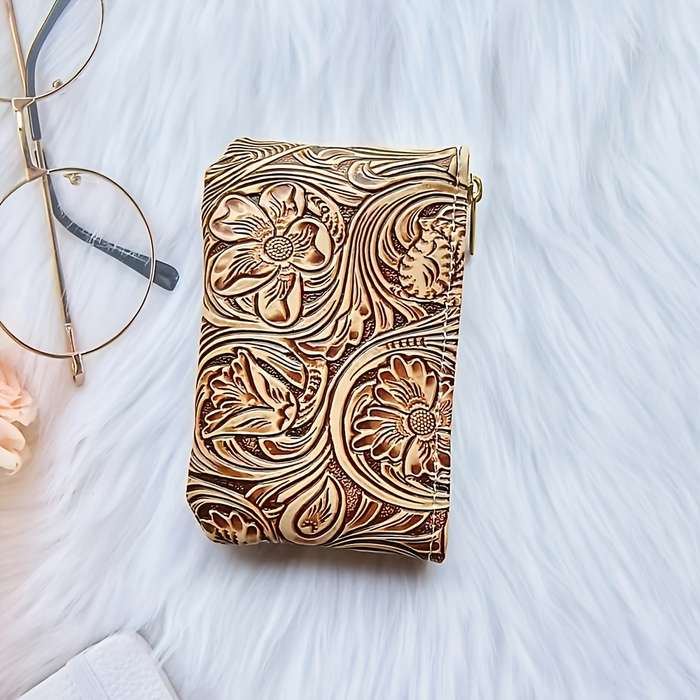 1pc Vintage Floral Embossed Faux Leather Coin Purse Fashion Hard Shell Zippered Key Pouch No