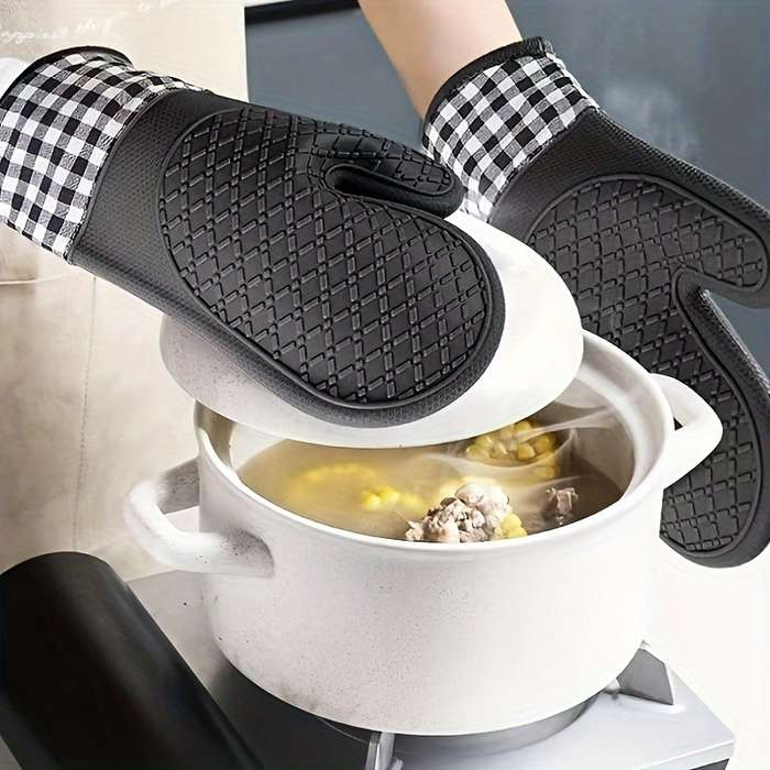 2pcs Non-Slip Silicone Kitchen Mitts Hand Wash Only Outdoor Cooking Safety Gear Check Pattern