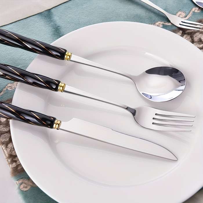 6pcs Western Knife Fork Spoon Stainless Steel Cutlery Set Black Threaded Ceramic Handle Stea