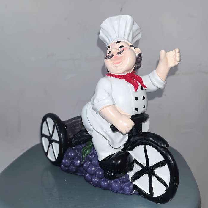 1pc Chef on Tricycle Wine Rack Resin Figurine with Red Hat White Apron Holds Wine Glasses