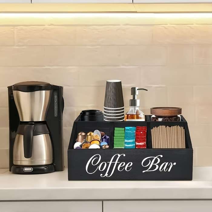 1pc Classic Wooden Coffee Bar Organizer Box Multi-Compartment Storage for Coffee Accessories