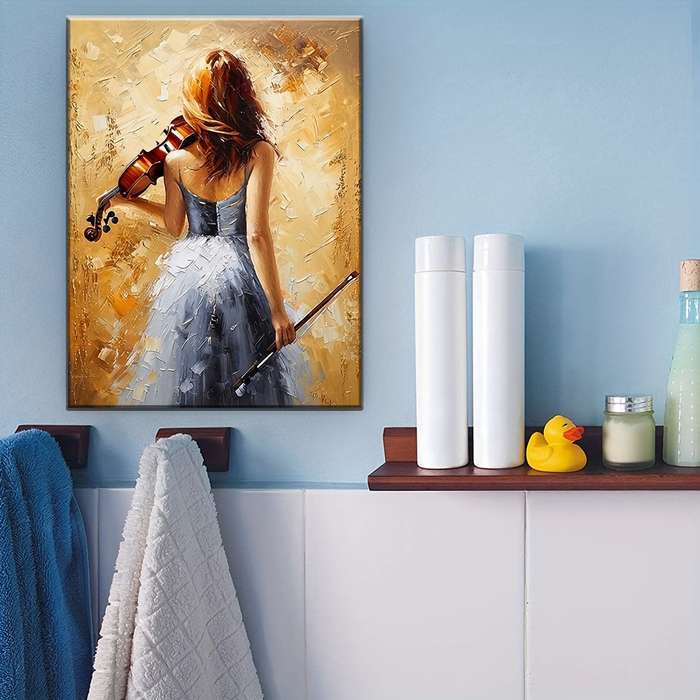 1pc  Elegant Violinist Art Print Music-Themed Wrapped Canvas Frame with Pine Wood Back View W