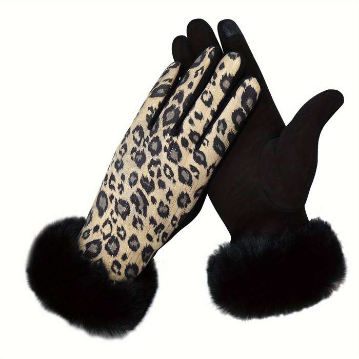 1 Pair Leopard Print Hair Mouth Pink Brown Warm Gloves