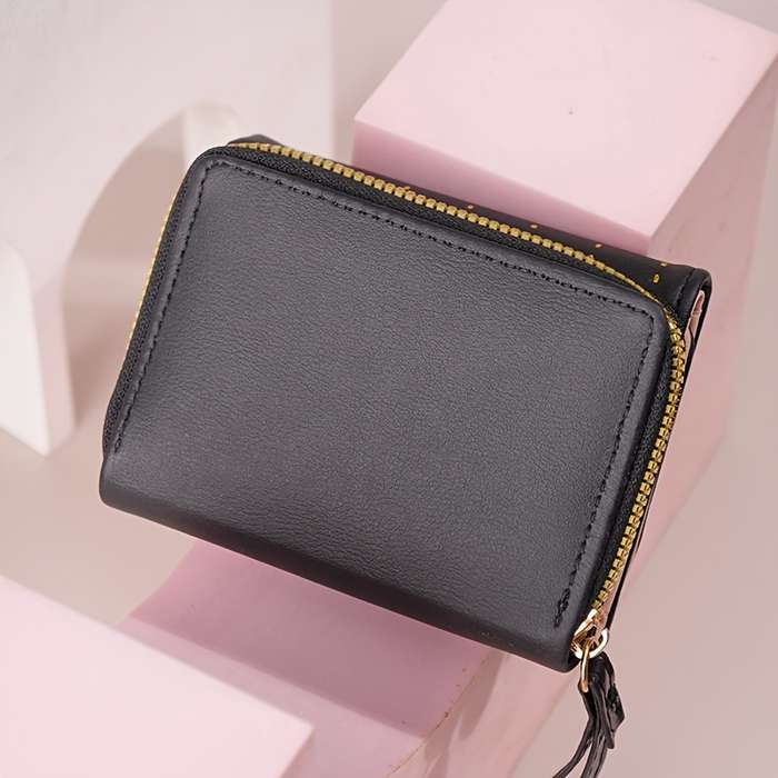 1pc 2025 Newest Women'S Fashionable Short Wallet Black with Golden Star and Heart Design Slim Mu