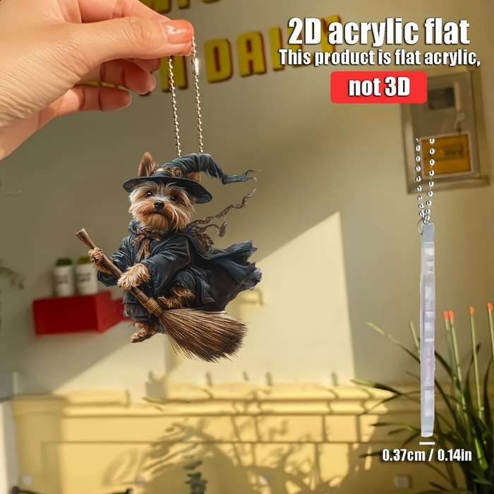 1pc 2D Flat   Yorkshire Terrier Magician  Acrylic Pendant Whimsical Dog in Wizard Costume w