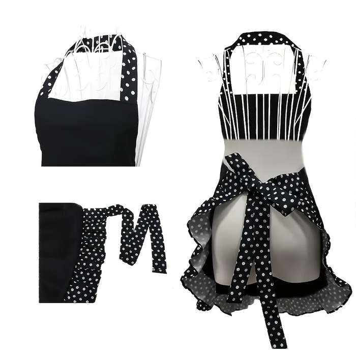 1pc Retro Polka Dot Apron with Ruffle Hem Large Pockets Black and White Vintage Kitchen Ba