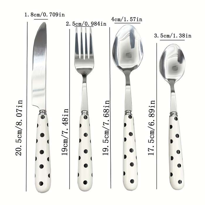4pcs Stainless Steel Cutlery Set with Polka Dot Ceramic Handles Includes Knife Fork Spoon
