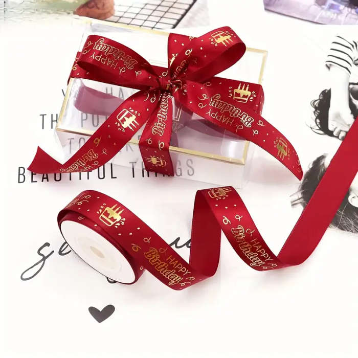 Classic Happy Birthday Print Polyester Ribbon Pink
