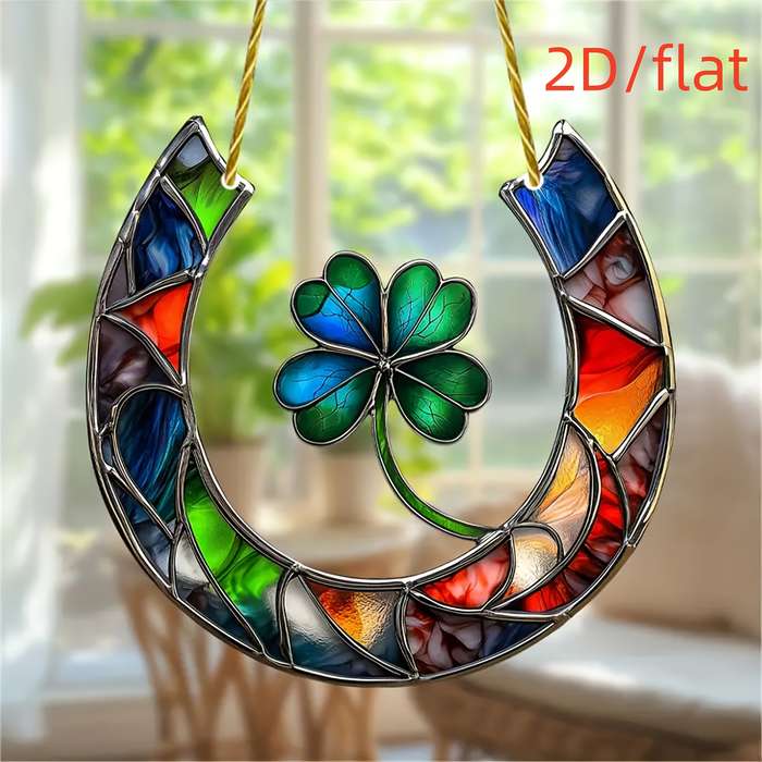 1pc 2D Flat   Flat  Acrylic Sun Catcher Lucky Horse Four-Leaf Clover Design Vibrant Stain