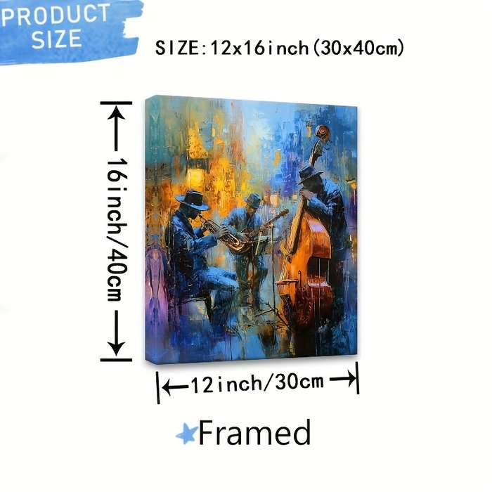 1pc Vibrant Jazz Musicians Canvas Art 30.48x40.64 cm Framed Wall Decor with Wooden Frame Blue