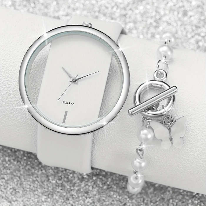 2pcs Set Women'S Fashion Hollow Dial Quartz Wrist Watch and Bracelet Set Round Alloy Case Faux Leath