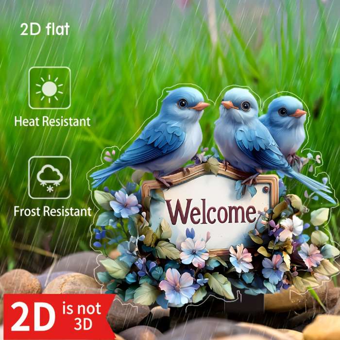 1pc 2D Flat  Charming Welcome Bird Garden Stake Durable Acrylic Waterproof Weatherproof Perfe