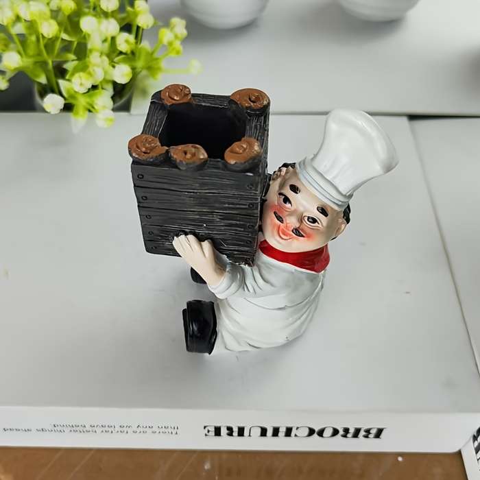 1pc 11cm Whimsical Chef with Wooden Bucket Resin Figurine Playful Kitchen Scene Ideal for Ta