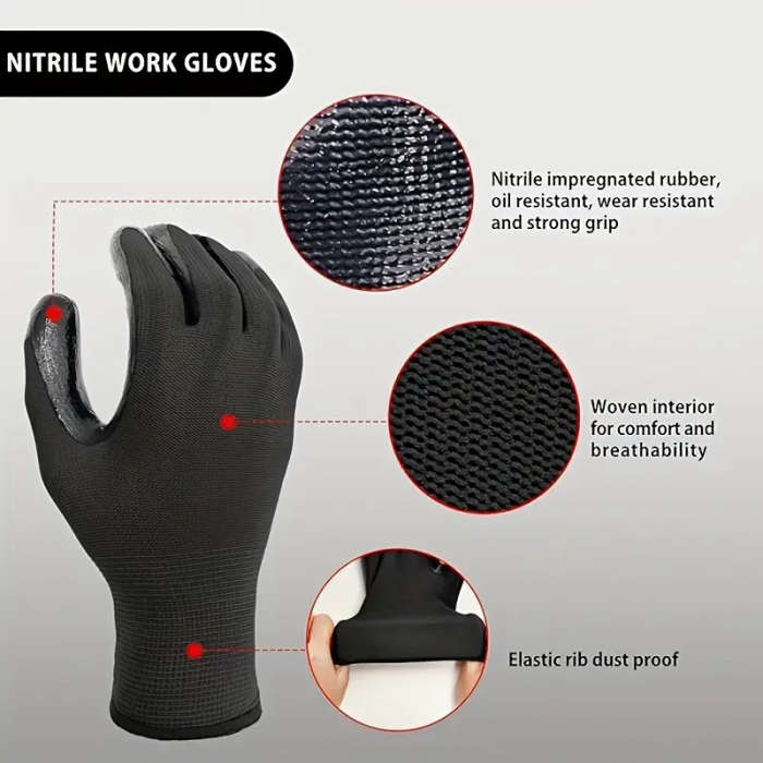 8pcs Durable Black Work Gloves Size L Non-Slip Tear-Resistant PU Coated Palm for Gardening Construct