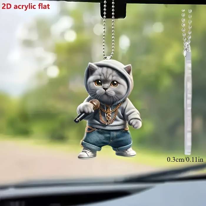 1pc 2D Flat   Acrylic Microphone Blue Cat Car Hanging Pendant for Rearview Mirror Keychain D