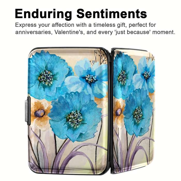 1pc Vintage Blue Flower Mini RFID Metal Wallet with Buckle Closure Bi-Fold Design Polyurethane L