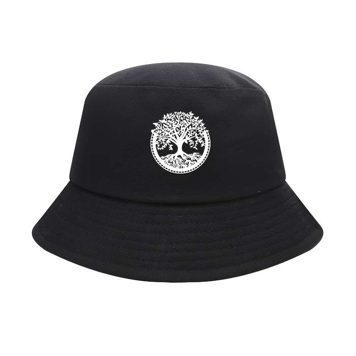 1pc Elegant Black Bucket Hat with White Tree Embroidery Comfortable Breathable Stylish Knit Fi